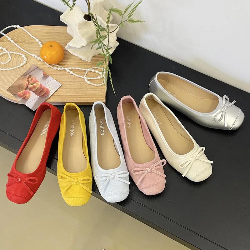 New Women's Shoes with Light Color Contrast Soft Bottom Flat Bow Sole Shoes Boat Shoe Elegant Round Toe Female Footwear 2025