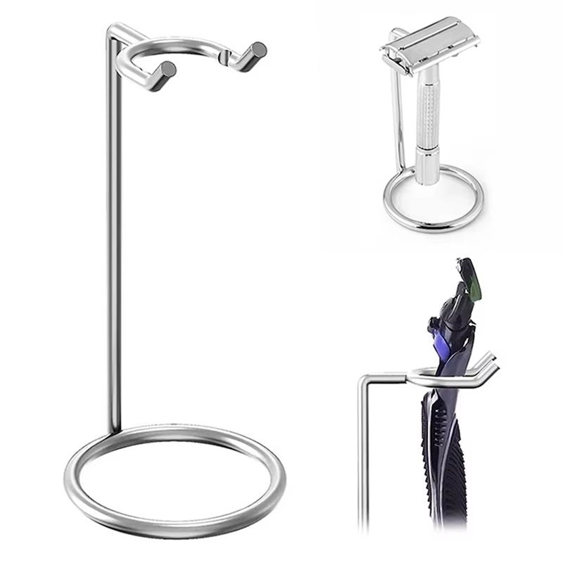 AEE4-Men Metal Art Shaving Brush Stand Razor Base Chromed Silver Shaving Razor Beard Clean Shaver Kit Cartridge Easy Carry