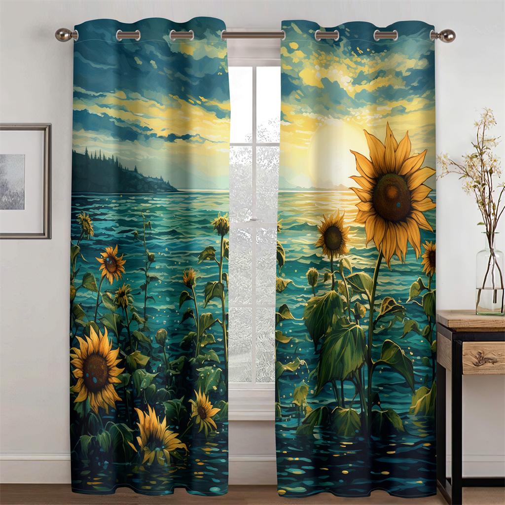 3D Oil Painting Sunflower Ocean Curtains Blue Sky Sunrise Bedroom Living Room Balcony Kitchen Decorative Curtains 2 Panels
