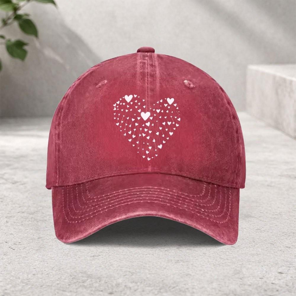 Heart Print Washed Baseball Cap Cotton Adjustable Casual Streetwear Sun Hat for Unisex
