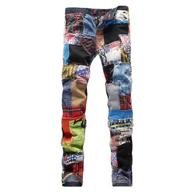 European And American Style New Trend Brand Straight Tube Slim Fit Denim Pants With Holes, Multi Colored Fabric Splicing, Washed Denim Pants
