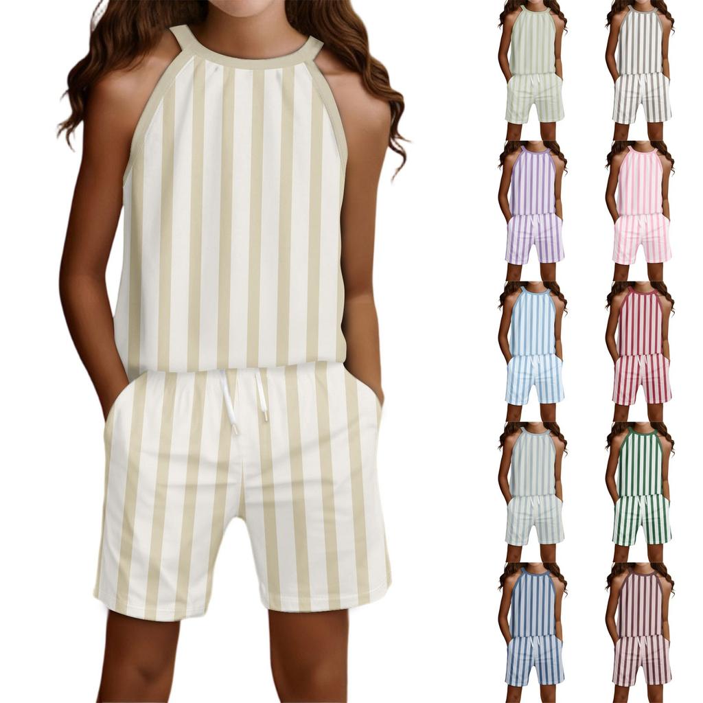 Children's Casual Fashion Round Neck Sleeveless Top Shorts Set