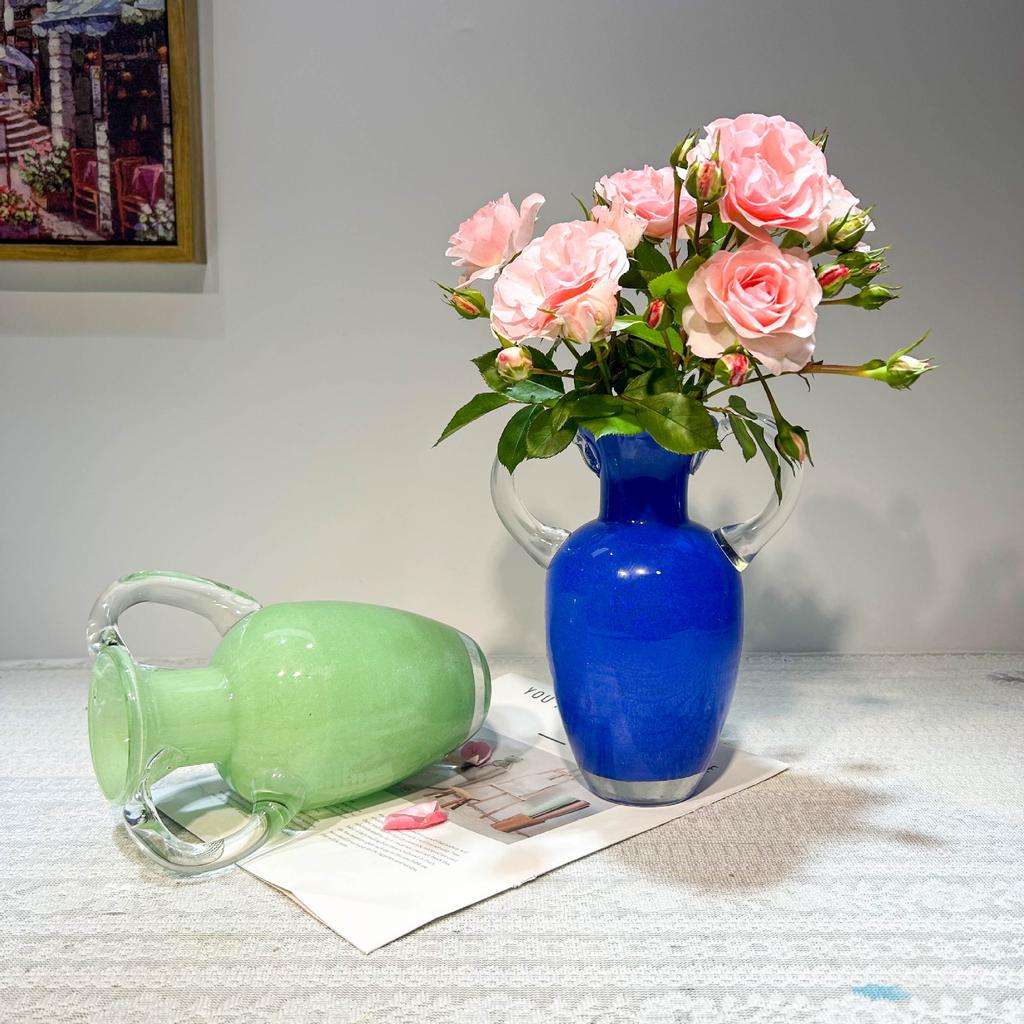 Colored Glass Vase Retro Handle Teapot Flower Vase Flower Arrangement Accessories Flowerpot Terrarium Home Decoration