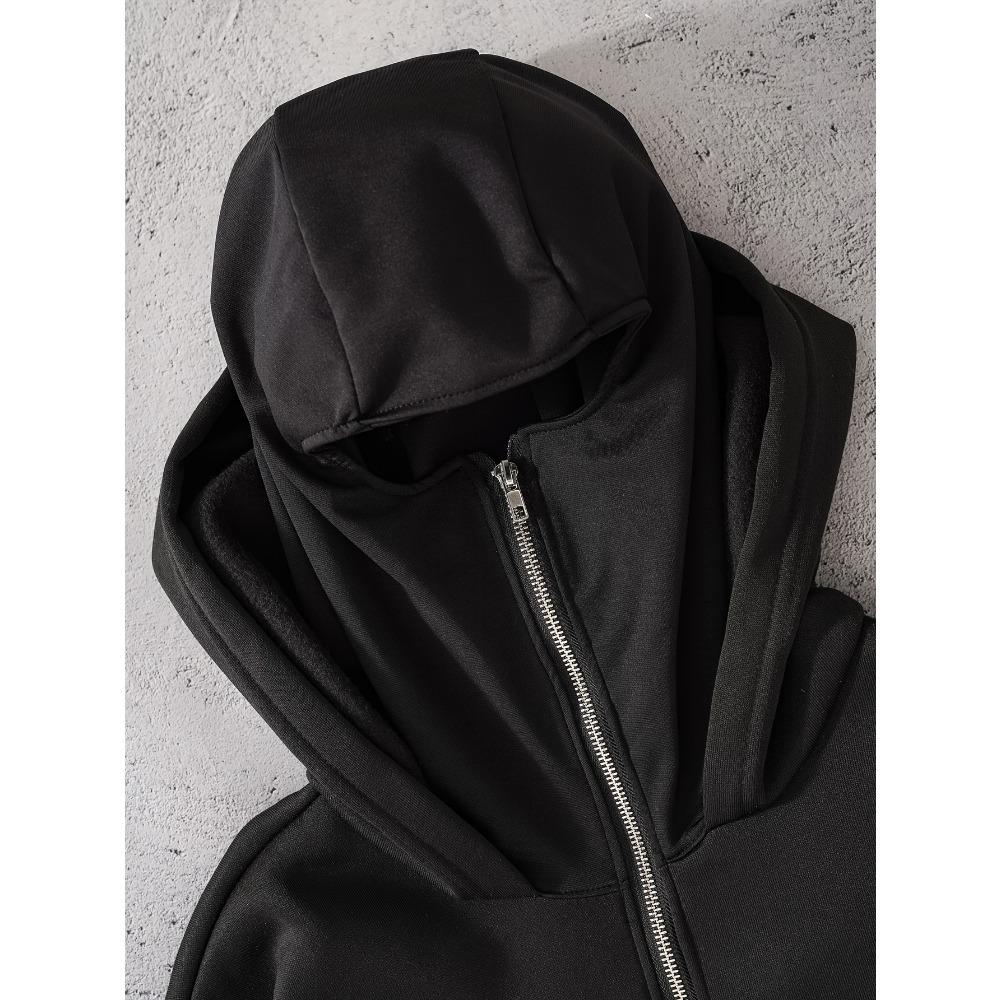 Men's Fashion Pattern Printed Double Layer Hoodie - Black Zipper Casual Street Wear with Balaclava Design Unique
