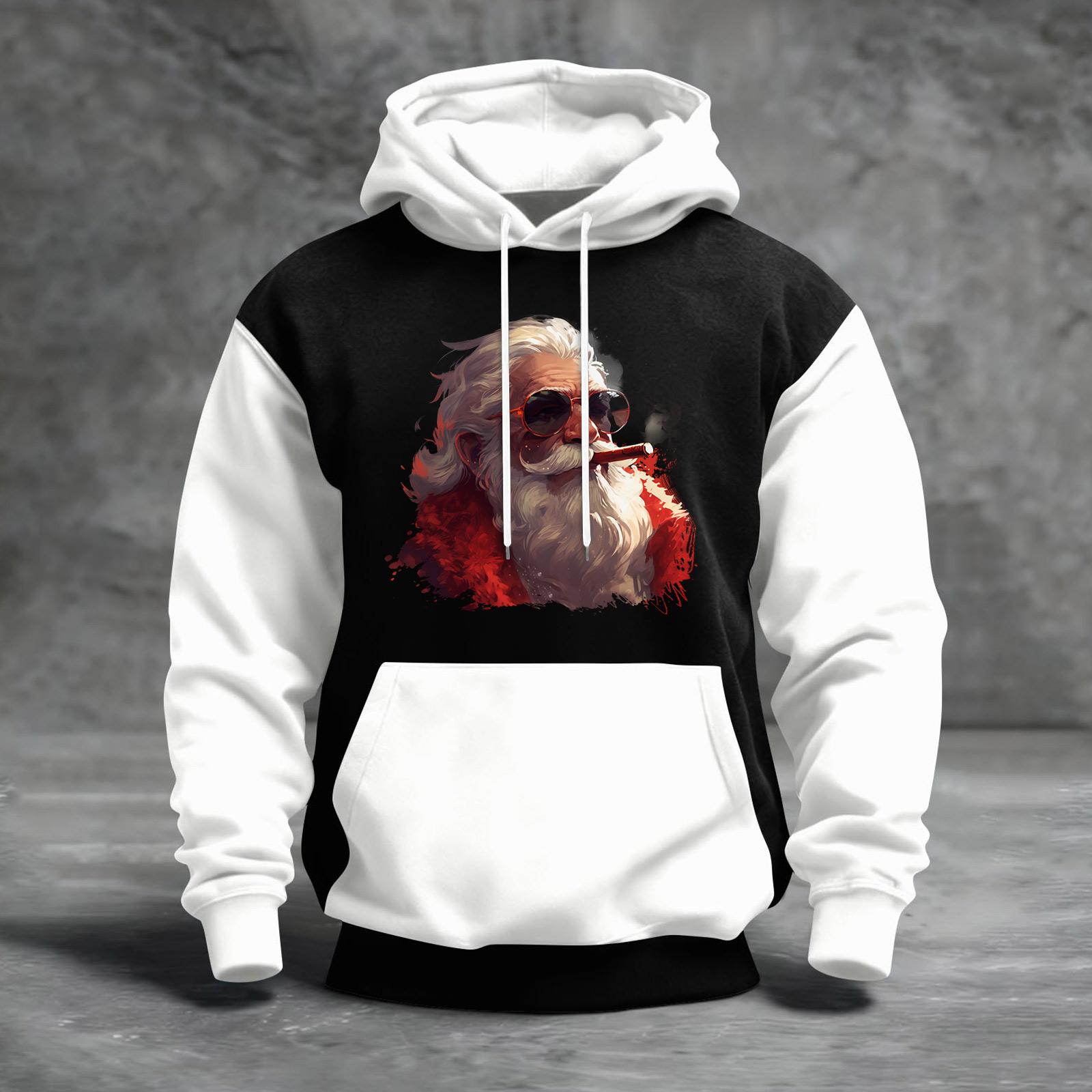 

Мужской рождественский свитшот с капюшоном, повседневный, спортивный, удобный, с цветными блоками и принтом XL