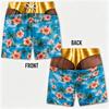 Men Funny 3D Illusion Swim Trunks, Hawaiian Hibiscus Palm Tree Print with Gold Waist Quick‑Dry Prank Beach Board Shorts