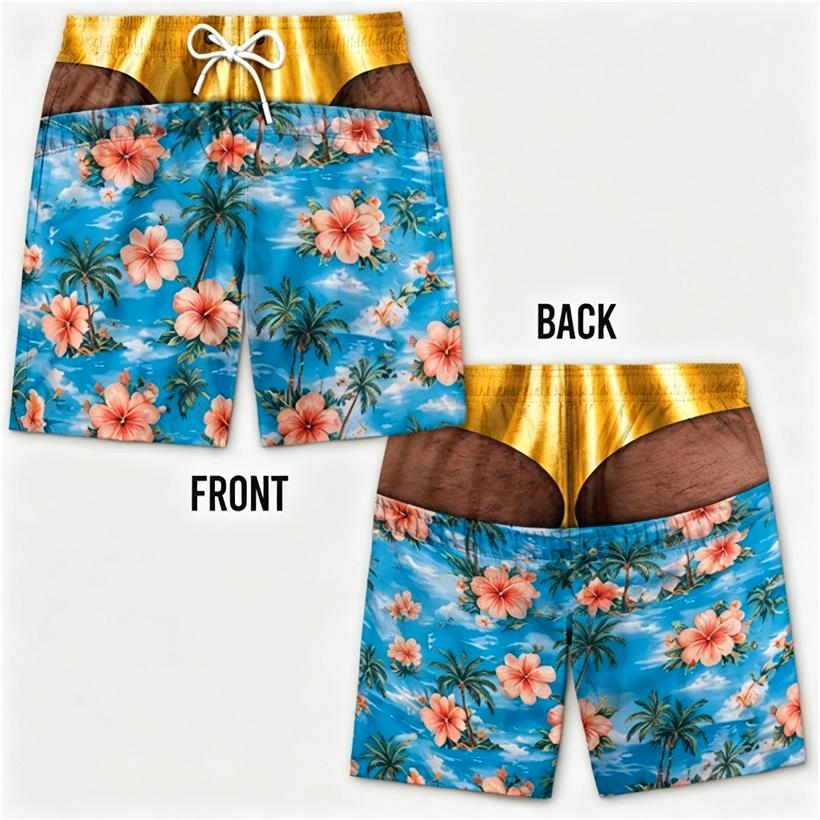 Men Funny 3D Illusion Swim Trunks, Hawaiian Hibiscus Palm Tree Print with Gold Waist Quick‑Dry Prank Beach Board Shorts