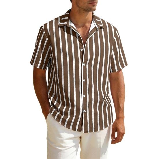 Men Striped Summer Shirt Short Sleeve Turndown Collar Button-up Shirt Casual Loose Fit Holiday Shirt for Beach Party Vacation Date