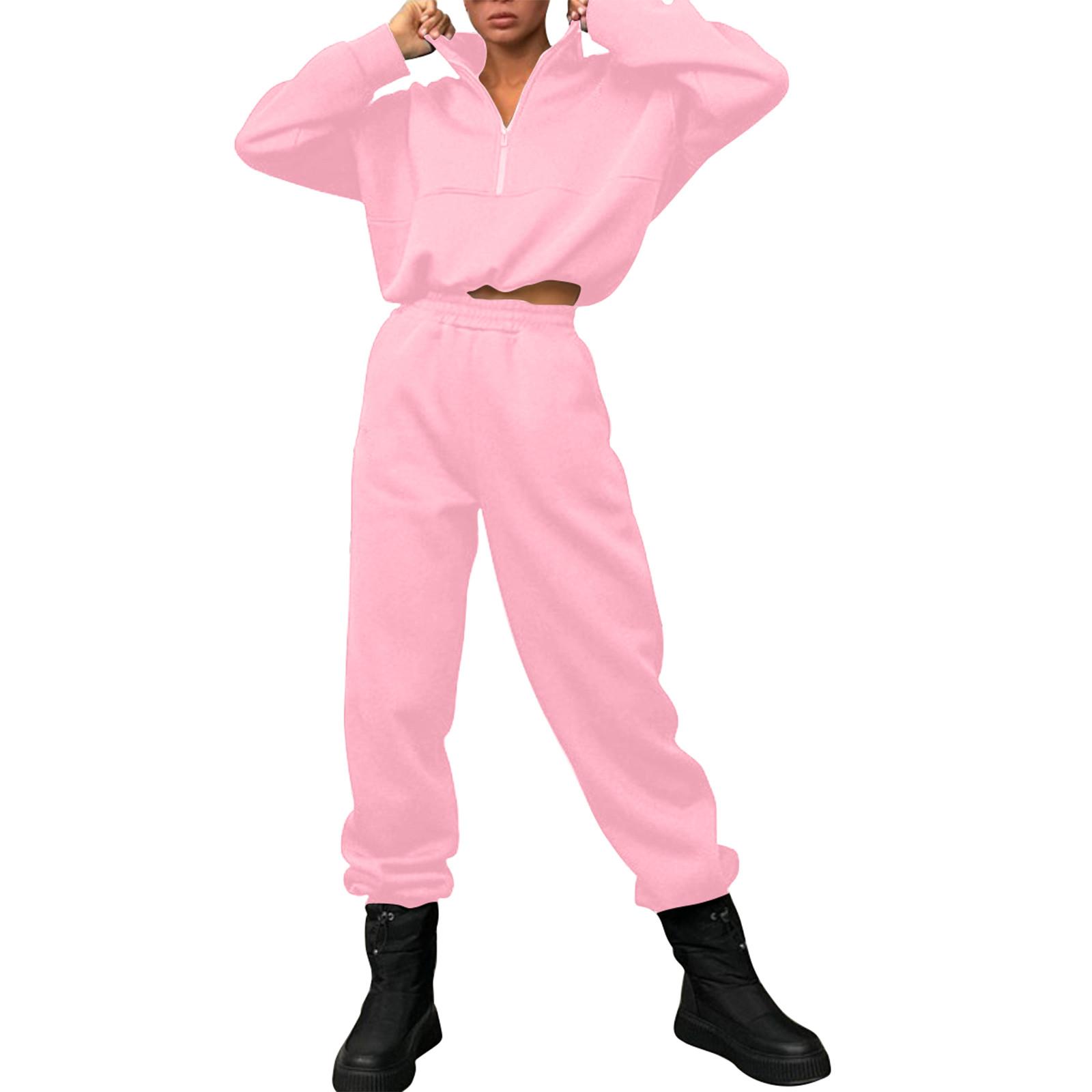 

Летний женский однотонный топ на молнии с длинными рукавами, повседневные брюки с эластичной завязкой и карманами, спортивный стиль для отдыха, свободный мягкий костюм из двух предметов XL розовый