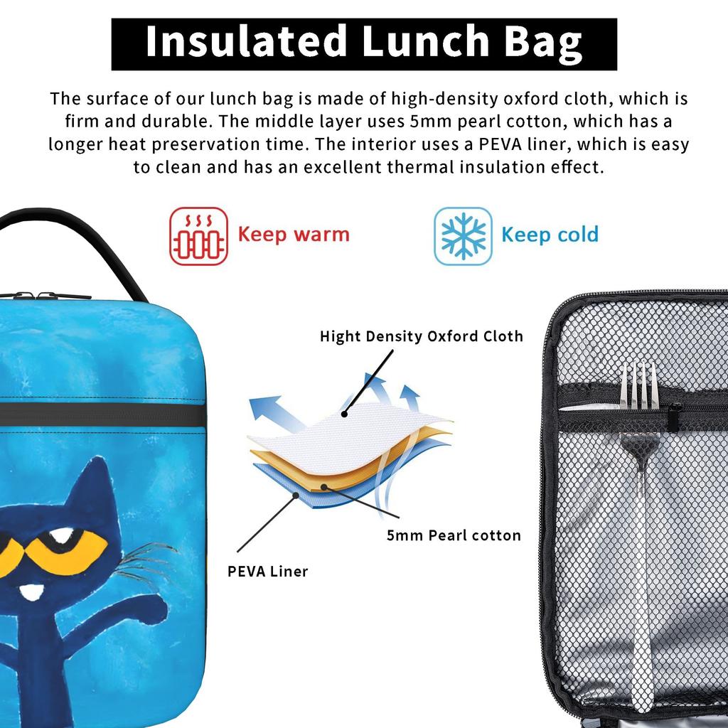 Cartoon Pete the Cat  Insulated Lunch Bag Thermal Bag Reusable,Lunch Container Groovy  Large Tote Lunch Box Food Handbags
