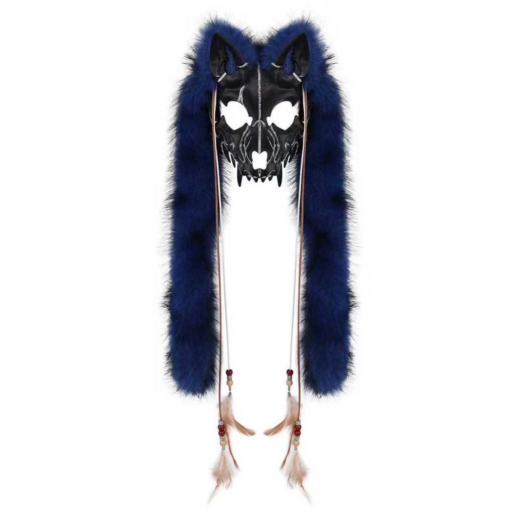 Wikinger-Fuchsmaske mit Kunstfell-Kopfschmuck für Halloween-Karnevals-Kostüm