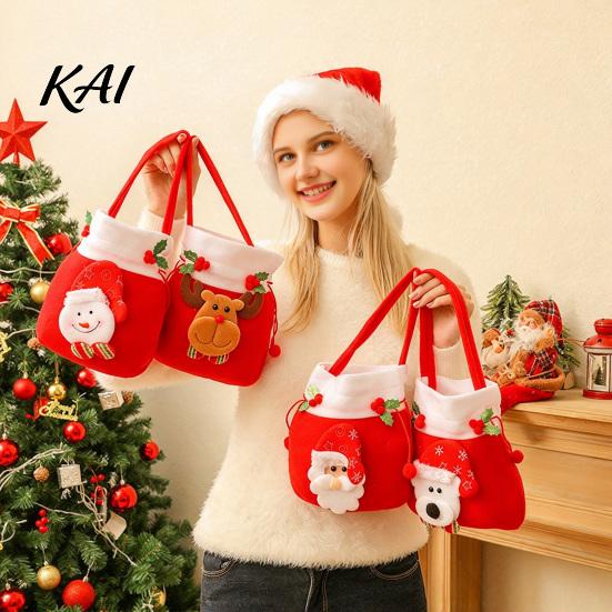 Drawstring Candy Pouches Christmas Flannel Bags, Fruit Cookie Packing Bag, Cute Holiday Goodie Bags Snowman/Santa/Elk Gift Wrap Bag for Presents,