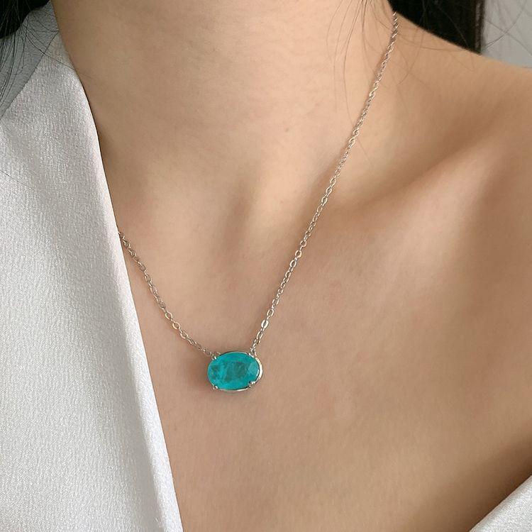 Jewelry Retro Collarbone Chain Inlaid Imitation Paraiba Egg 10 * 14 Pendant Four-Claw Sapphire Necklace
