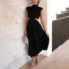 Women's Color Casual High Neck High Waist Maxi Pocket Open Waist Maxi Dress