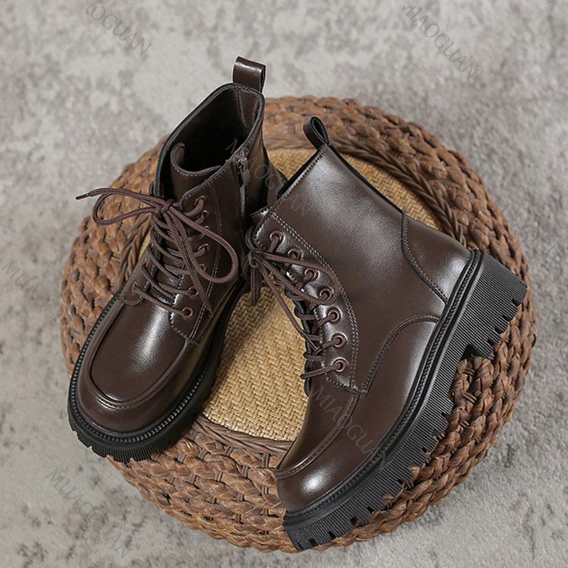 Fashion Short Lace-up Boots Women's New British Style Thick Middle Heels Women Autumn Winter Shoes Platform Black Brown Leather Botines