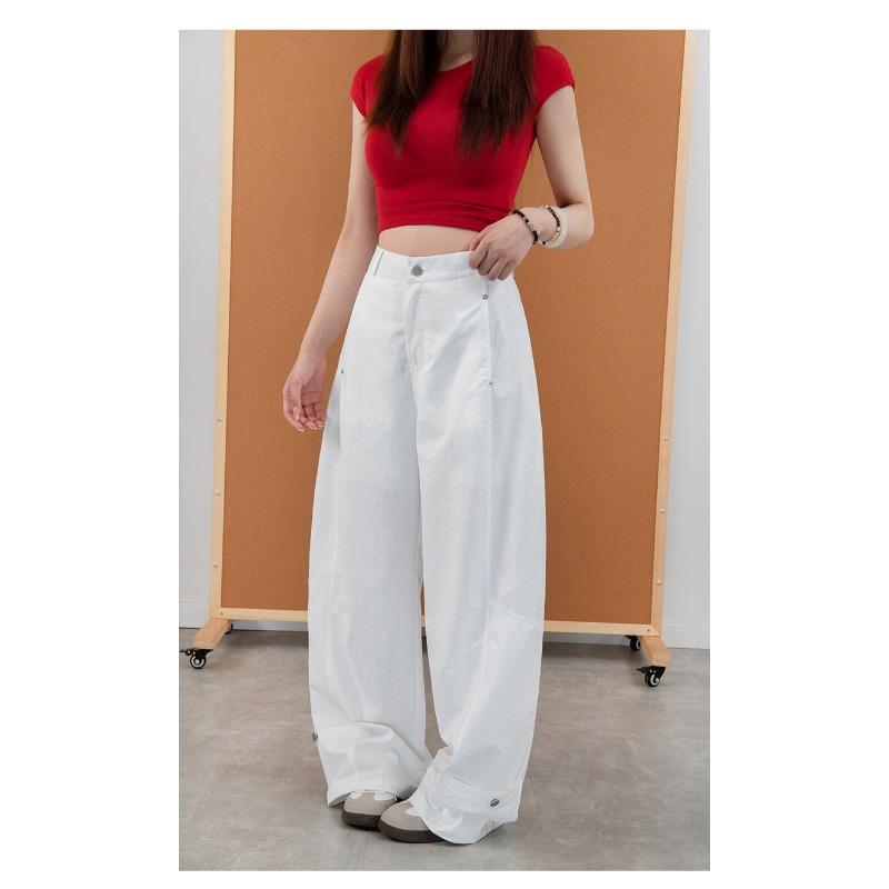 Women Curved Leg Pants High Waist Loose Wide Leg Cargo Pants Rivet Solid Color