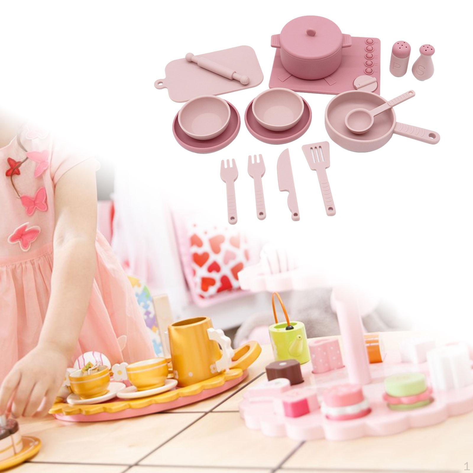 

14 предметов кухонных игрушек для детей, игрушечная кастрюля и сковорода, силиконовый игровой набор розовый