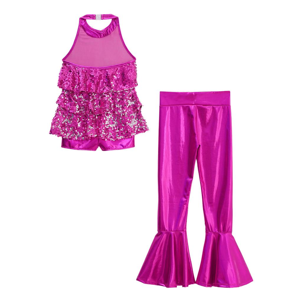 Lányok Jazz Tánc Jelmez Pántos Hátnélküli Kezeslábas Fényes Flitterek Volános Kialakítás Magas Derék Harangszárú Nadrág