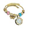 Women Open‑Adjustable Alloy‑Bracelet Quartz Watch Gold‑Tone Beaded‑Flower Pendant Wrist Watch