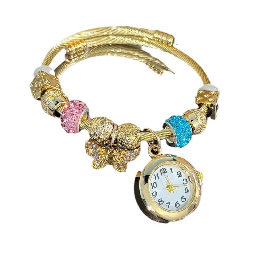 Women Open‑Adjustable Alloy‑Bracelet Quartz Watch Gold‑Tone Beaded‑Flower Pendant Wrist Watch