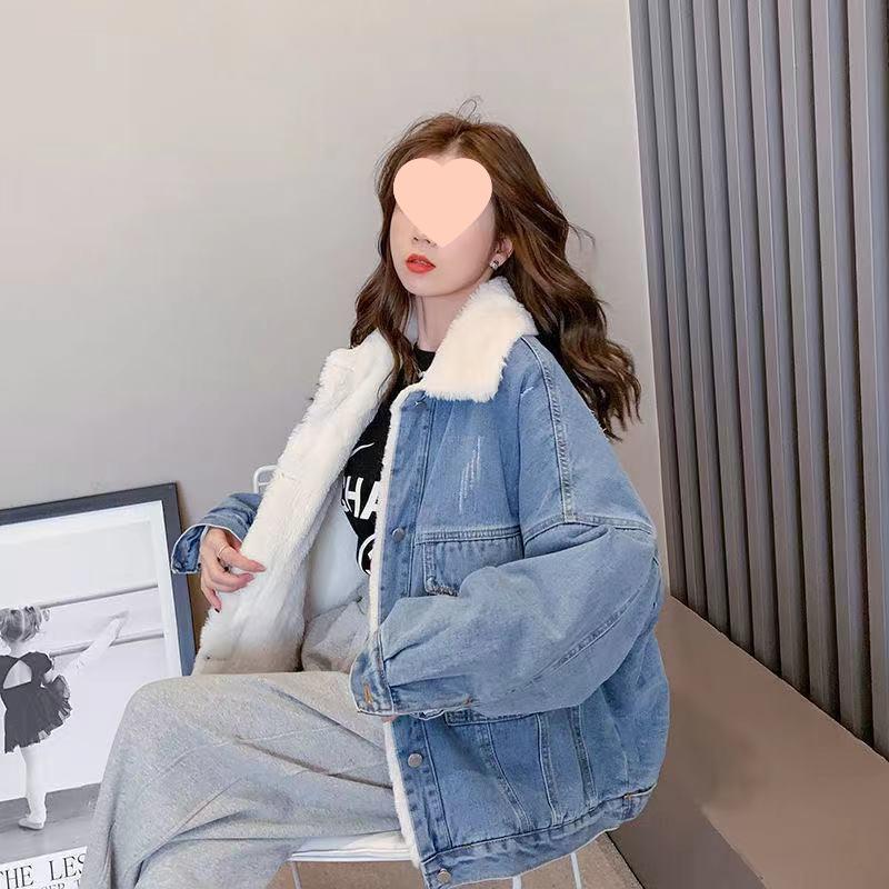 Women's Korean-Style Lambswool Denim Jacket - Autumn/Winter Loose Fit, Short Petite Student Design, Plus Velvet, Thick Cotton