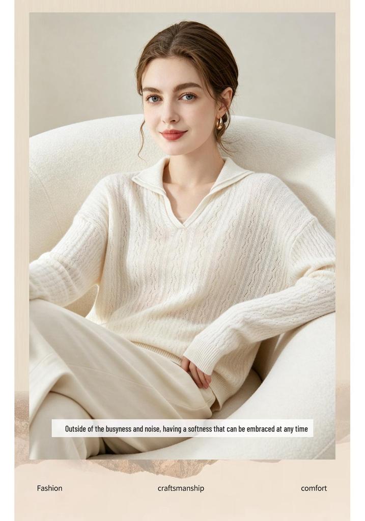 Lekasha 100% Pure Cashmere V-Neck Cable Knit Hollow Stitch Top