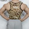 INCERUN Men Sleeveless Leopard Semi-Sheer Fitted Casual Tank Tops