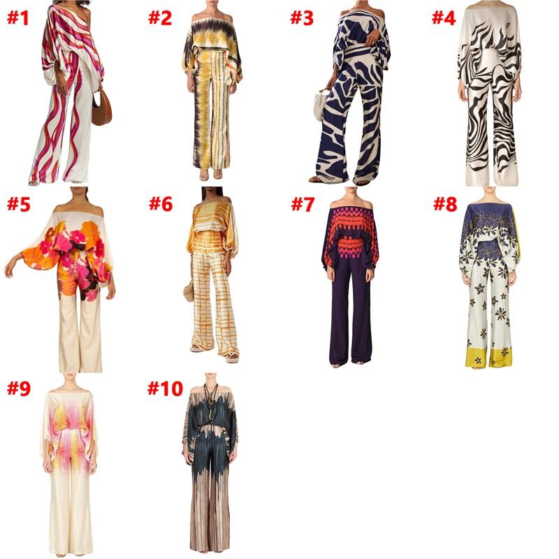 European And American Style Ladies Summer Suit Casual Satin Printed Loose One-neck Blouse And Trousers Two-piece Suit