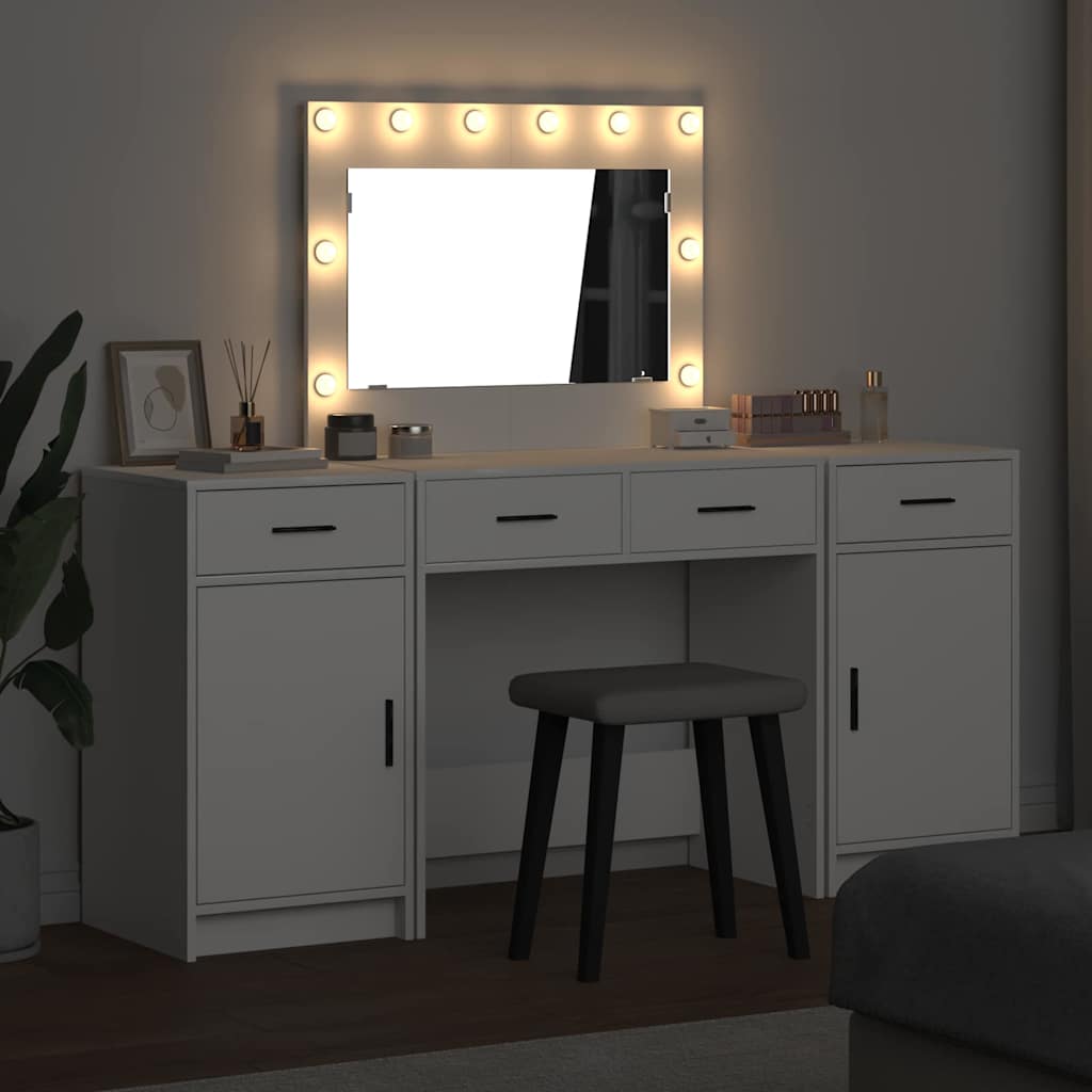 Makeup Table with Mirror Lighting 3 pcs White Wood Based Material