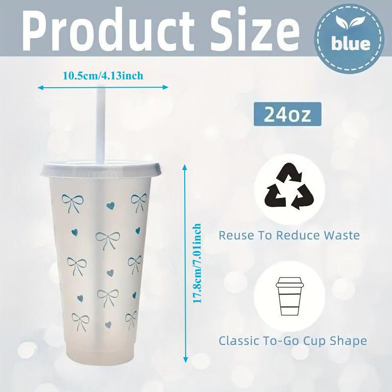 20Pcs Bowknot Plastic Cup with Straw Lid for Ice Coffee Juice Tea Plastic Cup Portable Drinking Bottle Valentine's Day Gift