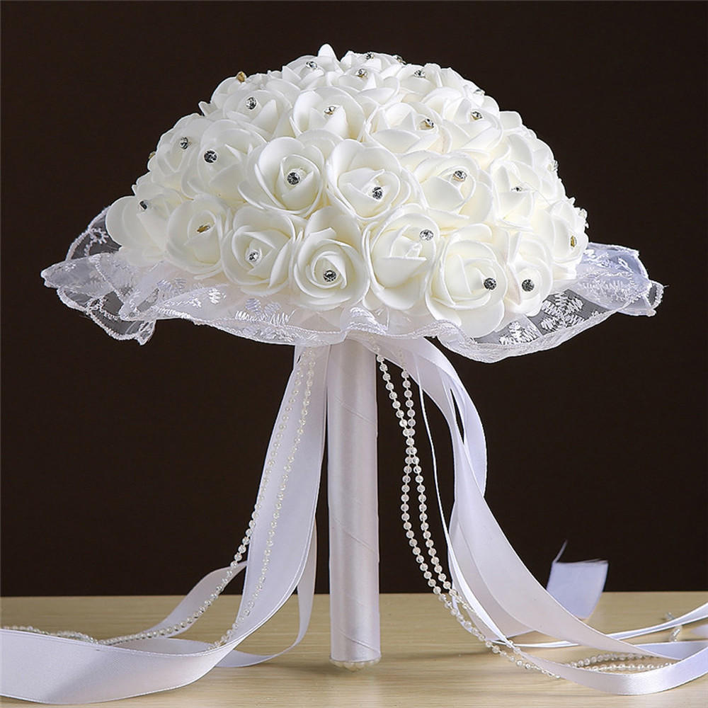

Artificial Foam Flower Bouquet with Ribbon Beads and Lace Decorative Floral Arrangement for Home Wedding Party Centerpiece Display белый