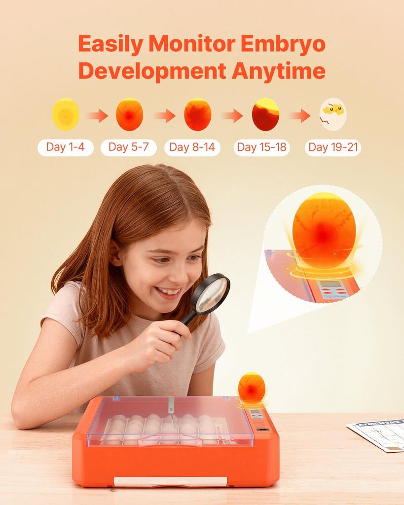 36 Egg Incubator, Automatic Egg Turner with LED Candler & Water Tray, Temperature & Humidity Control, 360° View Clear Window, Poultry Eggs Incubators