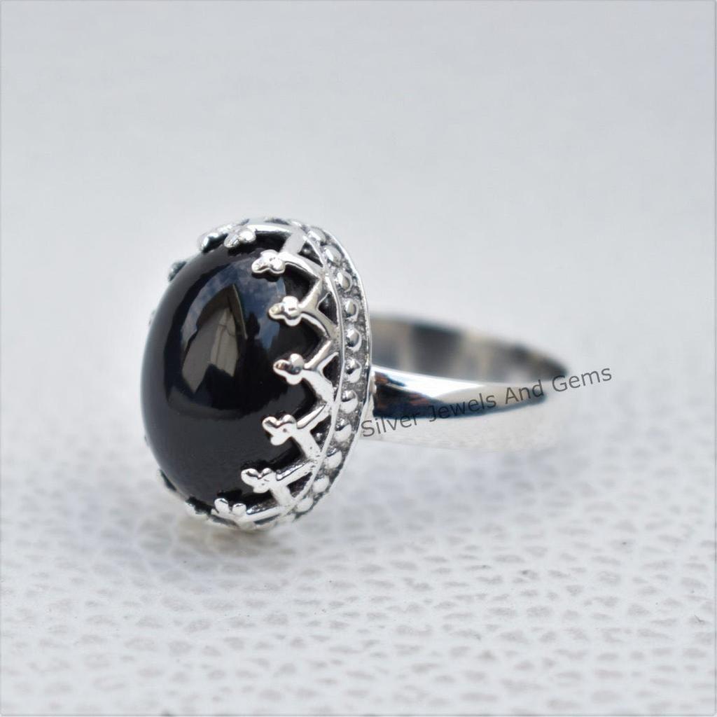 Black Onyx Crown Ring, Handmade 925 Sterling Silver, December Birthstone