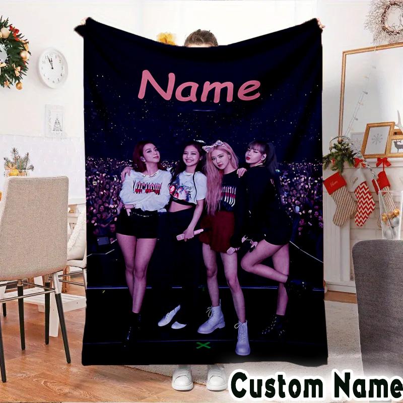 Custom Name Kpop Pink Roses Friendship Throws Blanket Flannel Blankets for Couch Bed Gifts for Men Women Picnic blanket Christmas fan gifts