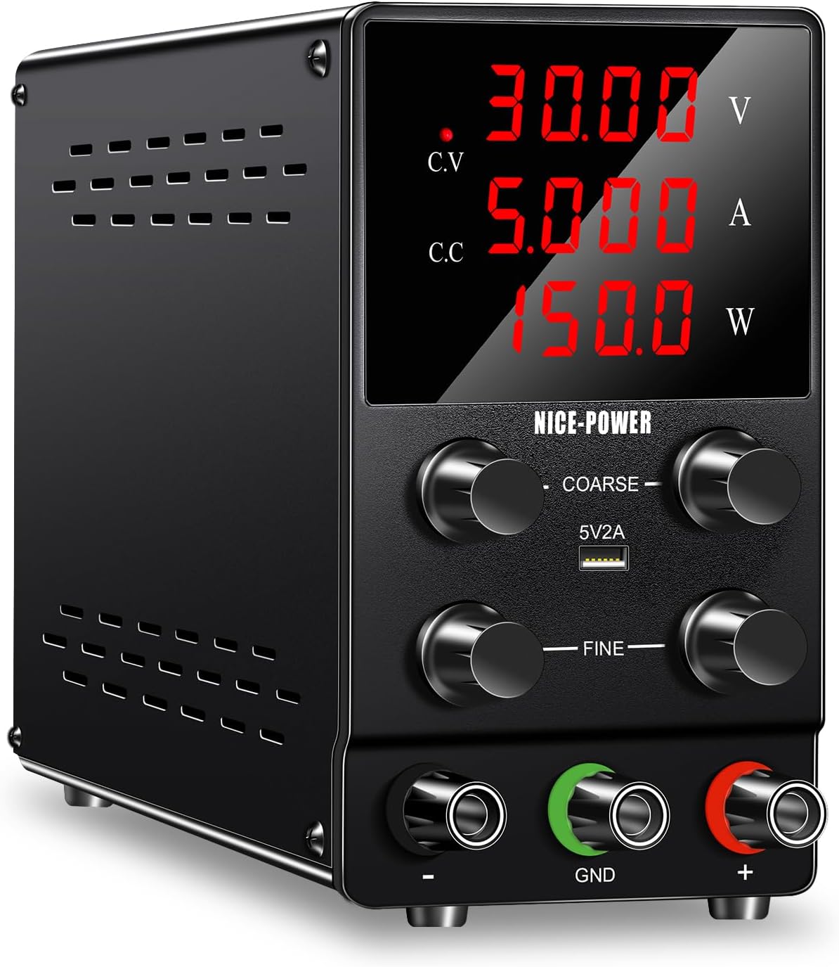 

30V 10A Adjustable DC Power Supply, 4-Digit LED, 5V/2A USB, Test Leads, Bench Lab PSU