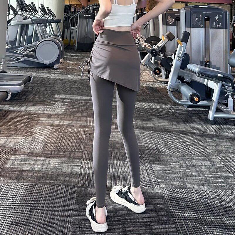 Fake Two-Piece Drawstring Sports Running Tight Yoga Pants Women Hip Covering Chubby Girl Training Cycling Plus size Belly Holding Fitness Pants