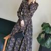 Women's French Ruffled Floral Midi Dress for Spring/Autumn with Cinched Waist and Bow Tie Details