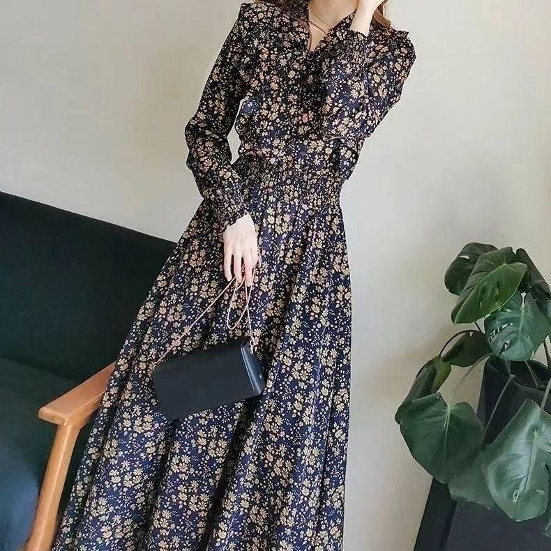Women's French Ruffled Floral Midi Dress for Spring/Autumn with Cinched Waist and Bow Tie Details