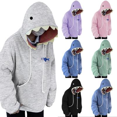 Damen Freizeit Pullover Hoodie mit lockerer Passform, Kapuze mit Hai-Design und Kängurutasche, Langarm Sweatshirt für den Alltag