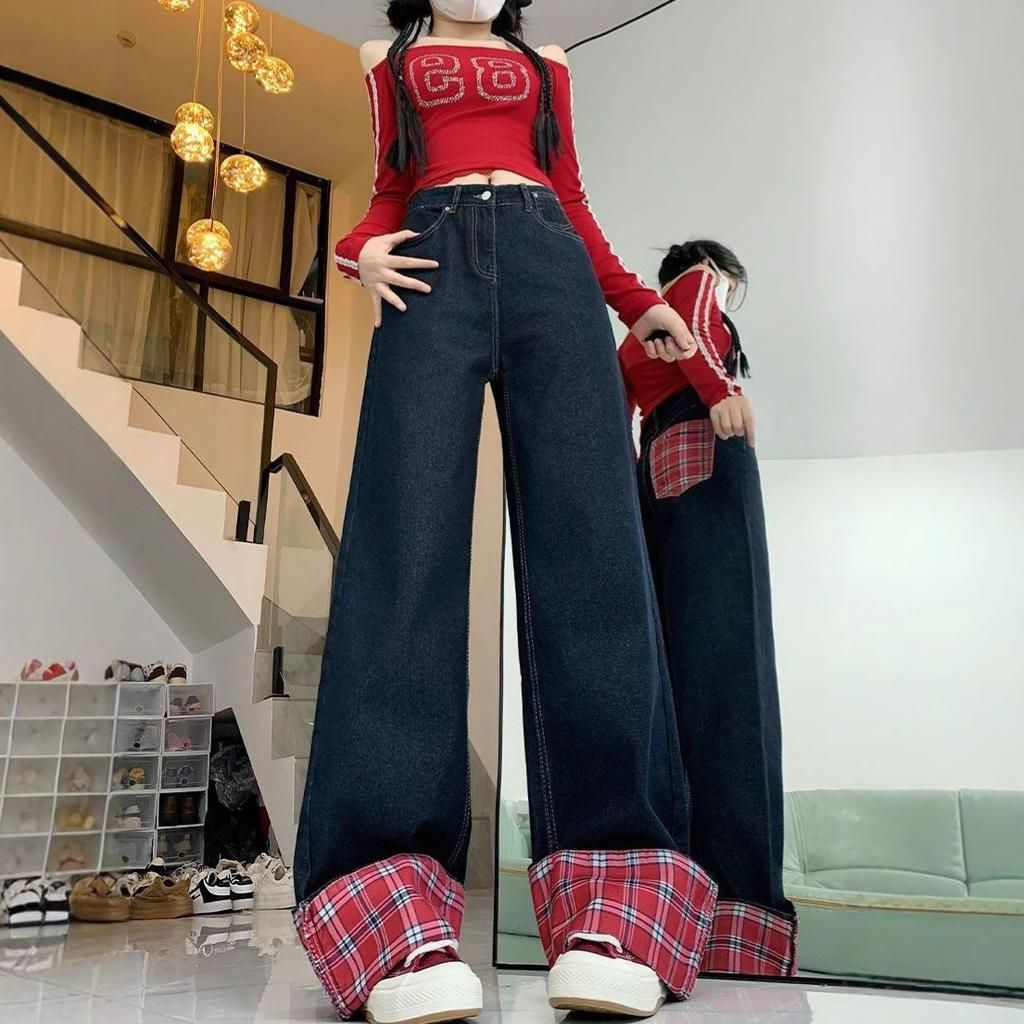 Comfortable Plaid Splicing Jeans Women Loose Large Yards To Cover Meat Retro Straight Wide Leg Long Trousers Jeans for Women Long Denim Pants