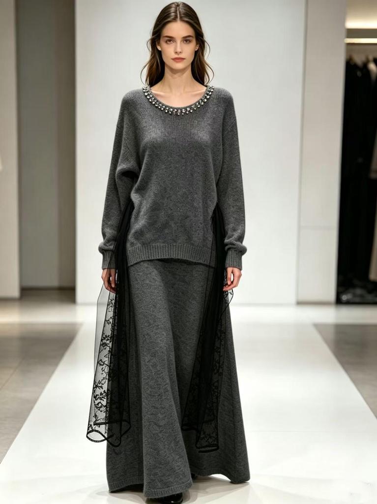 French Chic Color Block Beaded Sweater Set for Women - Autumn/Winter Round Neck Long Sleeve Knitwear