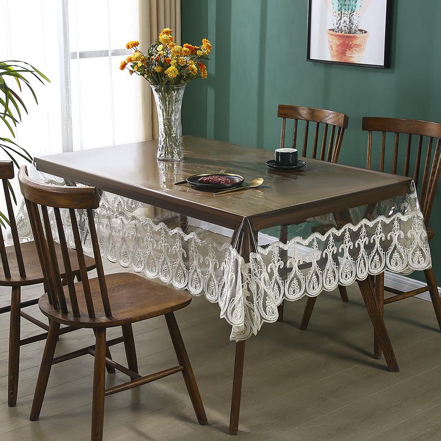 PVC No-rinse Lace Trim Tablecloth Waterproof and Oil Resistant Household Coffee Table Wear-resistant and Anti Slip Tablecloth for Dining Tables