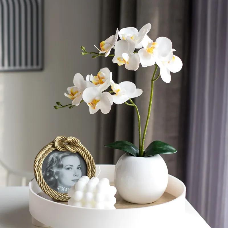 46CM Two Branched Phalaenopsis with Leaves Simulation Flower Artificial Realistic Orchid Flower Soft PVC Home Vase Decoration