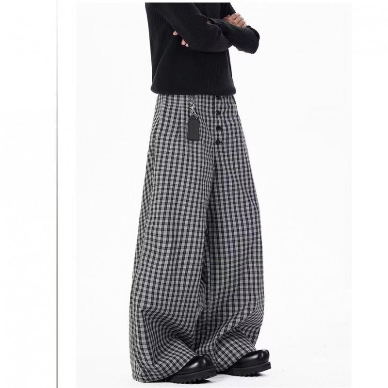Classic Black White Plaid Button-Front Wide-Leg Straight Pants Men Women Lightweight Casual Trousers