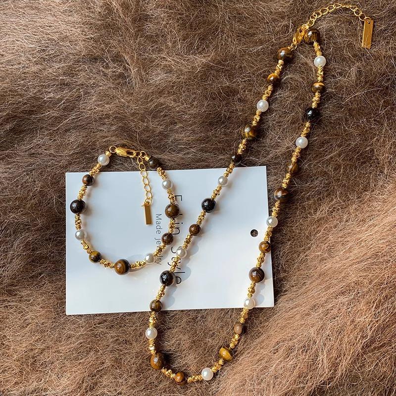 Real Gold Electroplated Retro Tiger'S Eye Stone Pearl Necklace Niche Design Temperament Light Luxury Fashion Ethnic Style Collarbone Chain