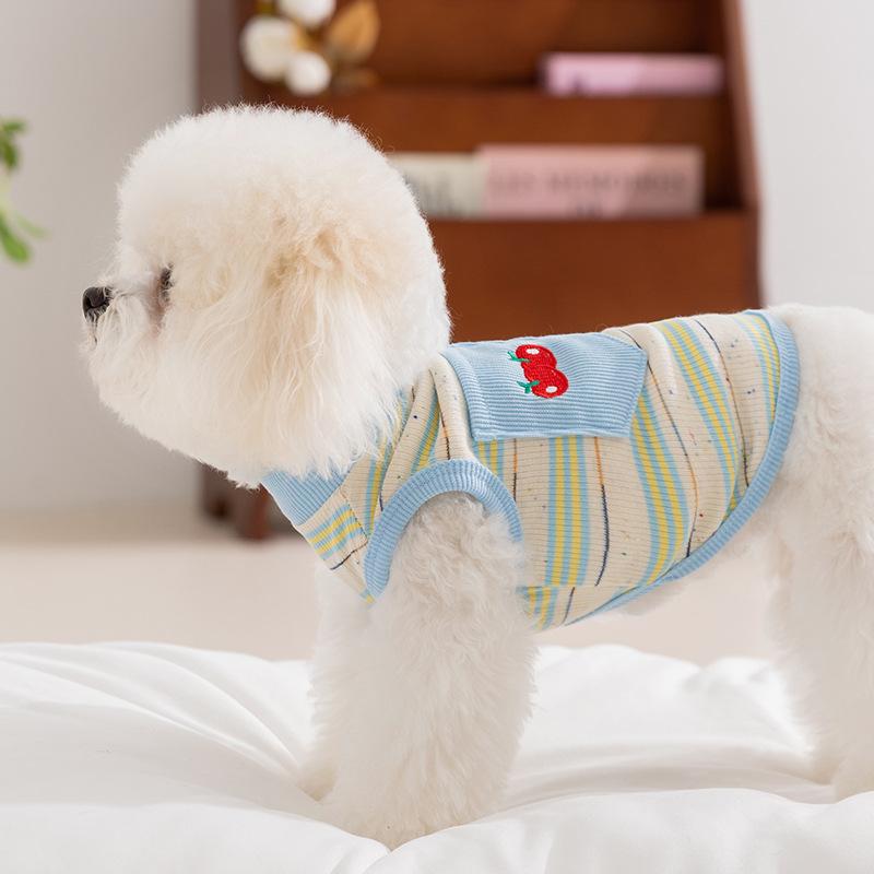 Dog Clothes Spring Summer Cherry Embroidery Color Dot Striped Vest Two Feet Teddy Bigbear Small Dog Pet Clothes