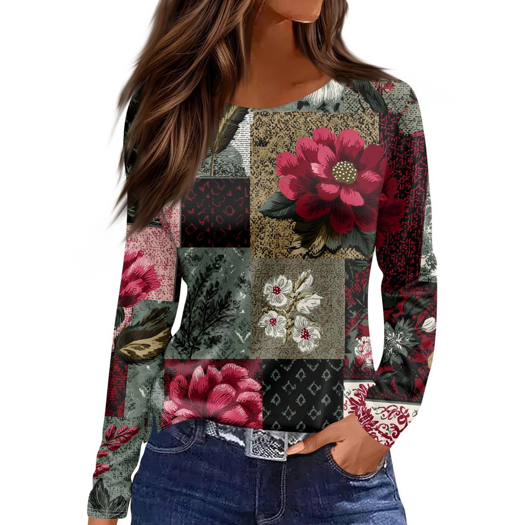 Women's Fashion Hem Slit Casual Retro Floral Print Round Neck Long Sleeve Top