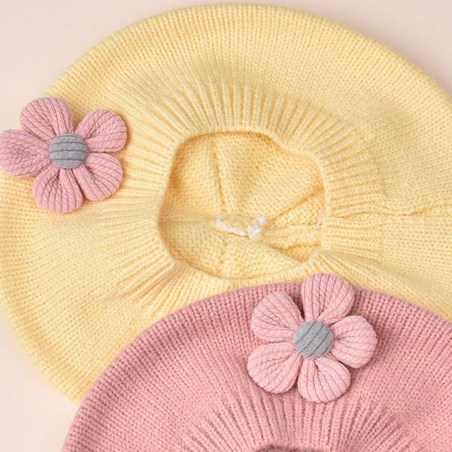 Baby Girls Autumn Winter Hat Cute Flower Beret Toddler Knitted Artist Hat Kids Woolen Cap For Newborn 6-12 Months Home Outdoor