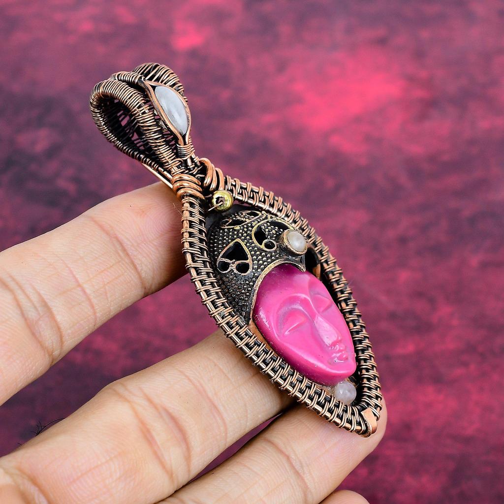 Pink Carved Bone Face Pendant Copper Wire Wrapped Pendant Rainbow Moonstone Jewelry