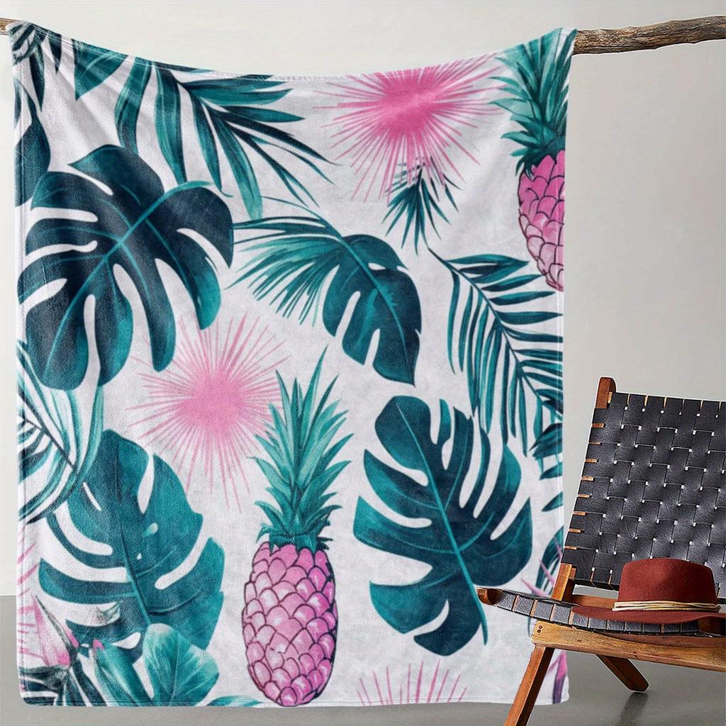 1pc Zeal Lily Tropical Pineapple Print Blanket - Soft Flannel Throw with Vibrant Pineapple & Palm Leaf Design, All-Season Cozy